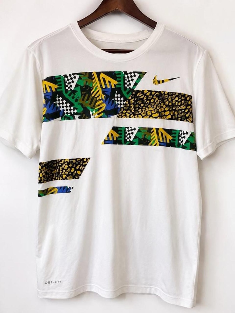 Nike White Short-Sleeve Graphic Dri-FIT Tee with Multicolor Panels
